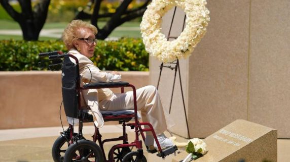 Former First Lady Nancy Reagan, almost 93, visited her husband's resting place on this, the 10th anniversary of his death.  Mrs. Reagan now leads the notable longevity of first ladies; now the oldest living, she has a ways to go to become the longest living.  (Photo: AP)